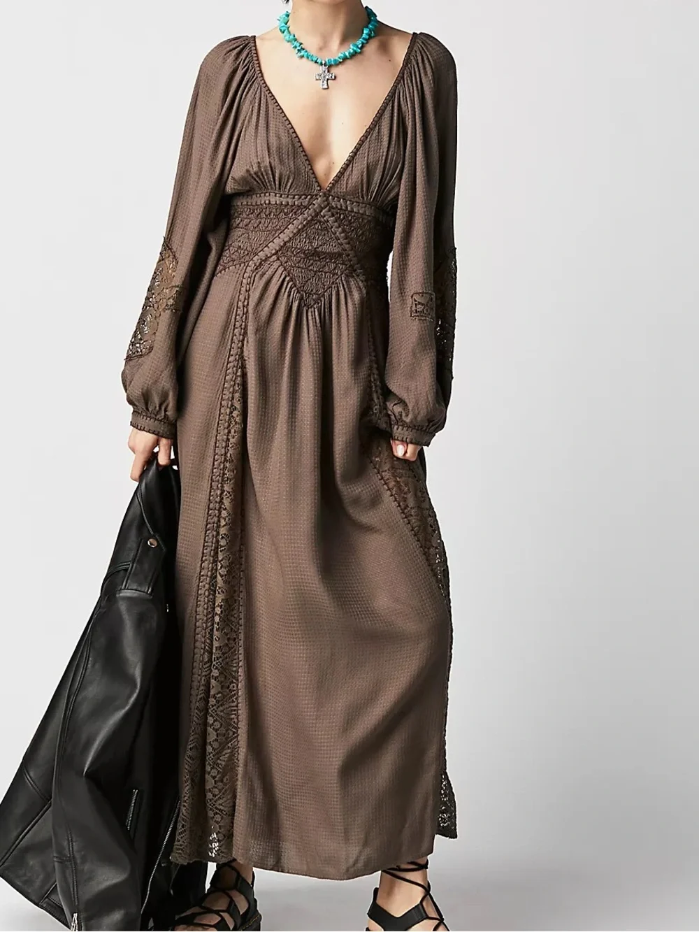 Free People SouthWest Lace Women’s Olive Boho Maxi Dress with Lace Insets - Picture 2 of 8
